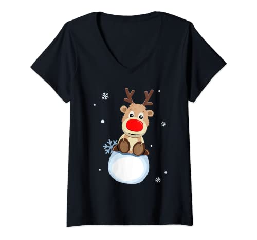 Damen Rudolph Rentier Rote Nase Schneeflocken Frohe Weihnachten T-Shirt mit V-Ausschnitt von Rudolph Rentier Nase Schneeflocken Weihnachten