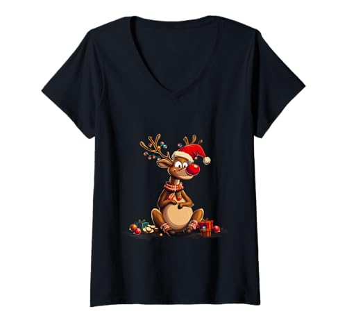 Damen Rudolph Weihnachtsshirt Damen Nikolaus Xmas Lustiges Rentier T-Shirt mit V-Ausschnitt von Rudolph mit Weihnachtsmütze Männer Geschenkidee