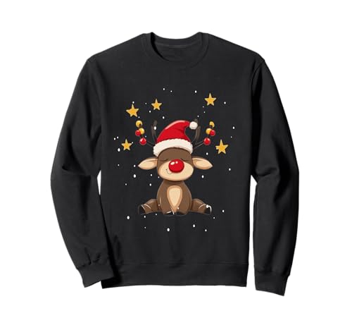 Rudolph Weihnachtsshirt Damen Kinder Weihnachten Rentier Sweatshirt von Rudolph mit Weihnachtsmütze Süßes Schlafshirt Xmas