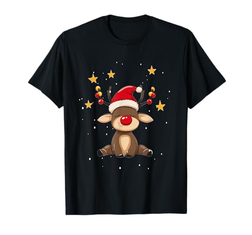 Rudolph Damen & Kinder Weihnachten Rentier T-Shirt Schwarz S Klassisch Rundhals Standardlänge Polyester 100% Doppelt genähter Saum von Rudolph mit Weihnachtsmütze Süßes Schlafshirt Xmas