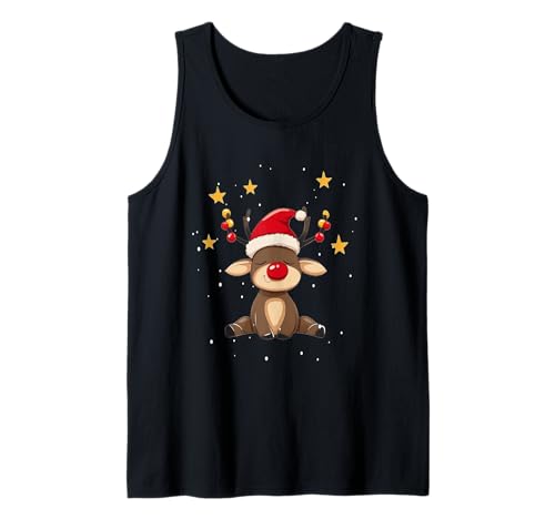 Rudolph Weihnachtsshirt Damen Kinder Weihnachten Rentier Tank Top von Rudolph mit Weihnachtsmütze Süßes Schlafshirt Xmas