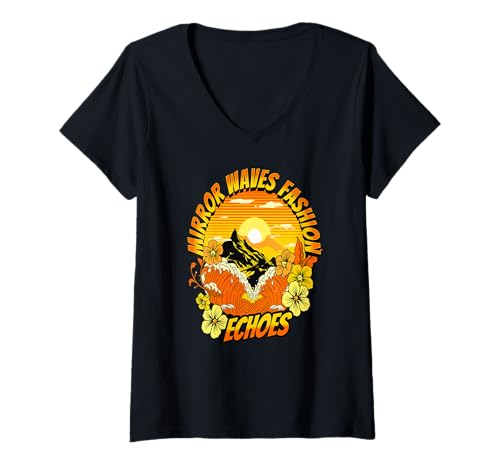Damen Mirrorwellen Echoes Retro Ozean Sonnenuntergang T-Shirt mit V-Ausschnitt Damen Mirrorwellen Echoes Retro Ozean Sonnenuntergang T-Shirt mit V-Ausschnitt von Rückblick Ozean Naturstimmung Ästhetik