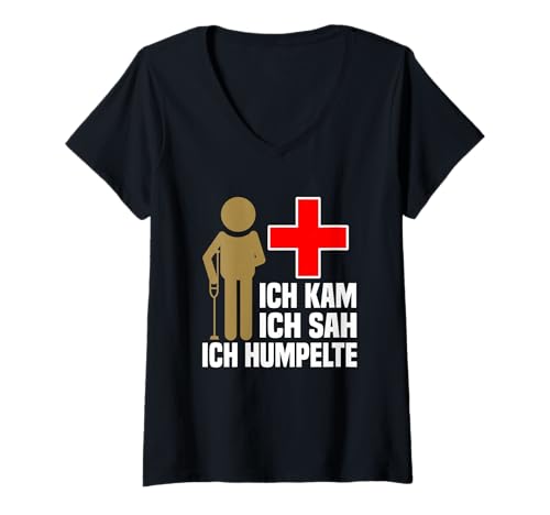Damen Ich Kam Ich SAH Ich Humpelte Rückenschmerzen Lustig Rücken T-Shirt mit V-Ausschnitt von Rücken Reha & Rückenschmerzen Geschenk