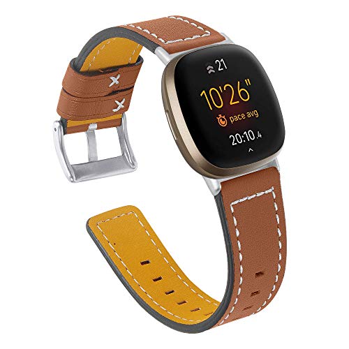 Armbänder kompatibel mit Fitbit Versa 4 / Sense 2 / Versa 3 / Sense Armband, Ersatzarmband aus echtem Leder für Fitbit Versa 4 / Sense 2 Damen Herren Handschlaufe (braun) von RuenTech