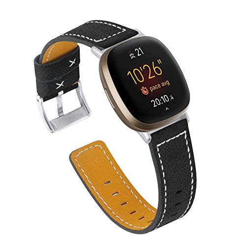 Armbänder kompatibel mit Fitbit Versa 4 / Sense 2 / Versa 3 / Sense Armband, Ersatzarmband aus echtem Leder für Fitbit Versa 4 / Sense 2 Damen Herren Handschlaufe (schwarz) von RuenTech