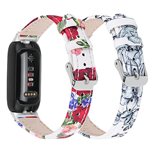 Armband kompatibel für Fitbit Inspire 3 für Frauen Mädchen, weiches echtes Leder druckt Band Ersatz für Inspire 3 Smart Watch-Zubehör (2er Pack A) von RuenTech