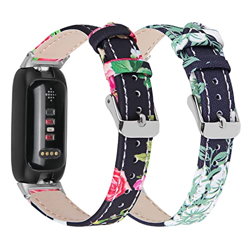 Armband kompatibel für Fitbit Inspire 3 für Frauen Mädchen, weiches echtes Leder druckt Band Ersatz für Inspire 3 Smart Watch-Zubehör (2er Pack B) von RuenTech