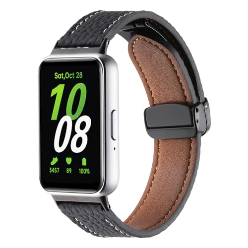 Leder Armband Kompatibel für Samsung Galaxy Fit 3 SM-R390 Uhrenarmband, Genarbtes Echtes Leder Ersatzarmband für Damen und Herren (Schwarz) von RuenTech