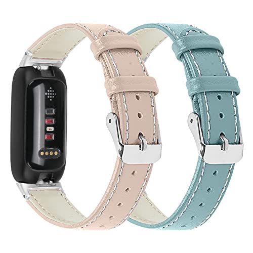 RuenTech Echtes Lederarmband Kompatibel für Fitbit Inspire 3 Armband Leder, klassisches verstellbares Ersatzarmband Sportzubehör für Frauen Männer Kompatibel für Fitbit Inspire3 (Beige+Blau) von RuenTech