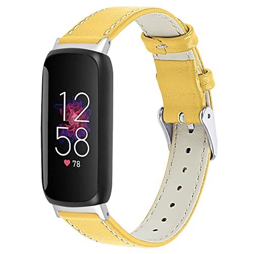 RuenTech Echtes Lederarmband Kompatibel für Fitbit Inspire 3 Armband Leder, klassisches verstellbares Ersatzarmband Sportzubehör für Frauen Männer Kompatibel für Fitbit Inspire3 (Gelb) von RuenTech