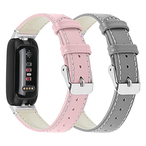 RuenTech Echtes Lederarmband Kompatibel für Fitbit Inspire 3 Armband Leder, klassisches verstellbares Ersatzarmband Sportzubehör für Frauen Männer Kompatibel für Fitbit Inspire3 (Rosa+Grau) von RuenTech