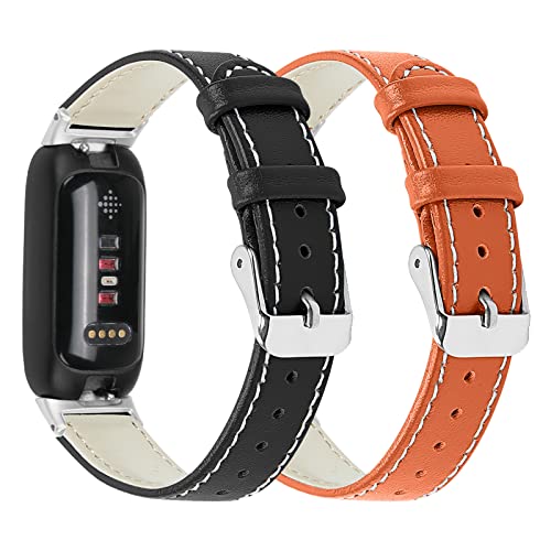 RuenTech Echtes Lederarmband Kompatibel für Fitbit Inspire 3 Armband Leder, klassisches verstellbares Ersatzarmband Sportzubehör für Frauen Männer Kompatibel für Fitbit Inspire3 (Schwarz+Orange) von RuenTech