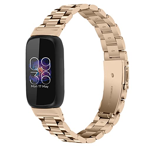 RuenTech Edelstahlarmband für Fitbit Inspire 3, Smartwatch Metallarmbänder für Fitbit Inspire 3 Smartwatch Zubehör Armband für Männer und Frauen (Champagner) von RuenTech