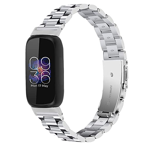 RuenTech Edelstahlarmband für Fitbit Inspire 3, Smartwatch Metallarmbänder für Fitbit Inspire 3 Smartwatch Zubehör Armband für Männer und Frauen (Silber) von RuenTech