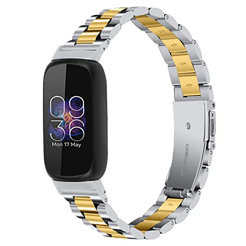 RuenTech Edelstahlarmband für Fitbit Inspire 3, Smartwatch Metallarmbänder für Fitbit Inspire 3 Smartwatch Zubehör Armband für Männer und Frauen (Silber+Gold) von RuenTech