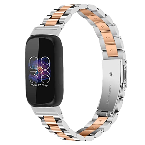 RuenTech Edelstahlarmband für Fitbit Inspire 3, Smartwatch Metallarmbänder für Fitbit Inspire 3 Smartwatch Zubehör Armband für Männer und Frauen (Silber+Roségold) von RuenTech