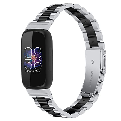 RuenTech Edelstahlarmband für Fitbit Inspire 3, Smartwatch Metallarmbänder für Fitbit Inspire 3 Smartwatch Zubehör Armband für Männer und Frauen (Silber+Schwarz) von RuenTech