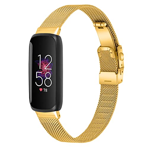 RuenTech Kompatibel für Fitbit Inspire 3 Armband, Edelstahl-Metall-Ersatz-Armband für Fitbit Inspire 3 Tracker Damen/Herren verstellbares Uhrenarmband (Gold) von RuenTech