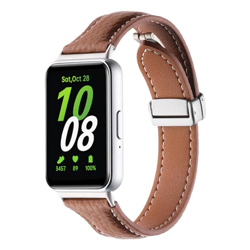 kompatibel für Samsung Galaxy Fit 3 Armband Leder Frauen Männer,Weiches Leder Sportarmband Ersatzarmbänder für Samsung Galaxy Fit 3 SM-R390 (Braun) von RuenTech