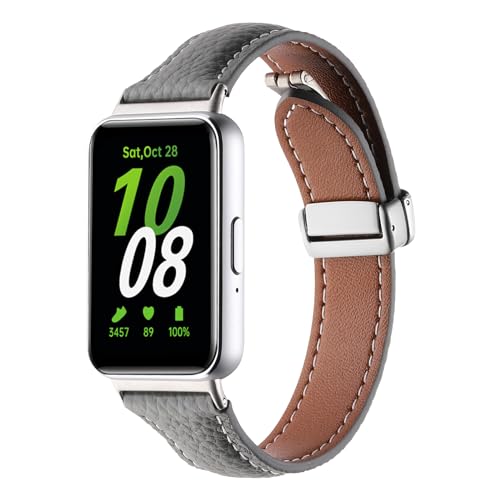 kompatibel für Samsung Galaxy Fit 3 Armband Leder Frauen Männer,Weiches Leder Sportarmband Ersatzarmbänder für Samsung Galaxy Fit 3 SM-R390 (Grau) von RuenTech