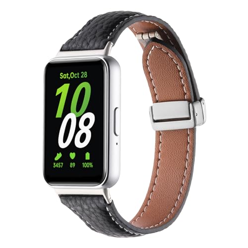 kompatibel für Samsung Galaxy Fit 3 Armband Leder Frauen Männer,Weiches Leder Sportarmband Ersatzarmbänder für Samsung Galaxy Fit 3 SM-R390 (Schwarz) von RuenTech