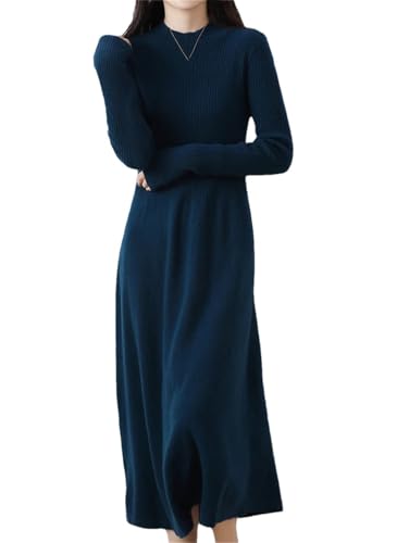 Damen Wollkleid Strickpullover Stehkragen Pullover A-Linie Solide Langarm Midi Kleider, blau, L von Ruereuu