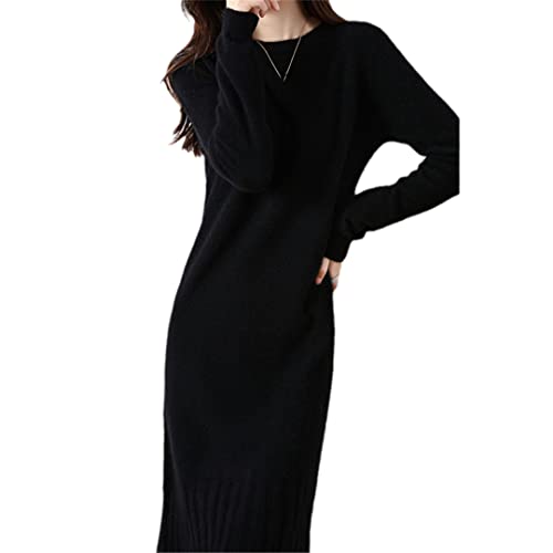 Ruereuu Damen Kaschmir Pulloverkleid Merinowolle O Ausschnitt Strickkleid Maxikleid, Schwarz , L von Ruereuu