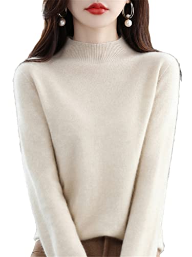 Ruereuu Damen Merino Kaschmir Strick Pullover Rollkragen Pullover Warm Pullover, beige, L von Ruereuu