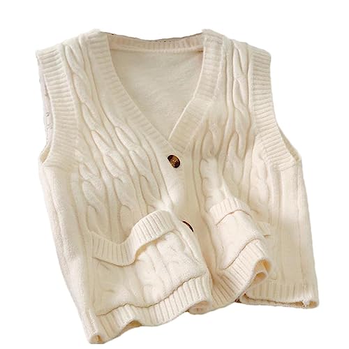 Ruereuu Damen Pullover Weste V-Ausschnitt Tasche Lose Einreiher Einfarbig Basic Casual Tops beige L von Ruereuu