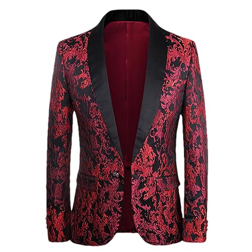 Ruereuu Herren-Blazer, Rotes Blumenmuster, Hochzeit, Nachtclub, Bühne, Party, Jacquard-Jacke Mit V-Ausschnitt Red Asian Size M von Ruereuu