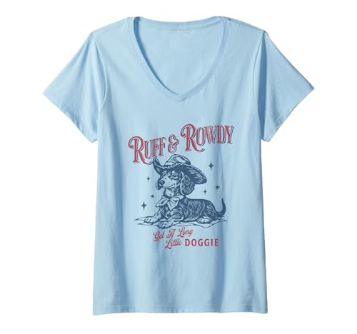 Damen Ruff & Rowdy Get a Long Little Doggie Cowboy Dackel T-Shirt mit V-Ausschnitt Damen Ruff & Rowdy Get a Long Little Doggie Cowboy Dackel T-Shirt mit V-Ausschnitt von Ruff & Rowdy Get a Long Little Doggie Cowboy Funny