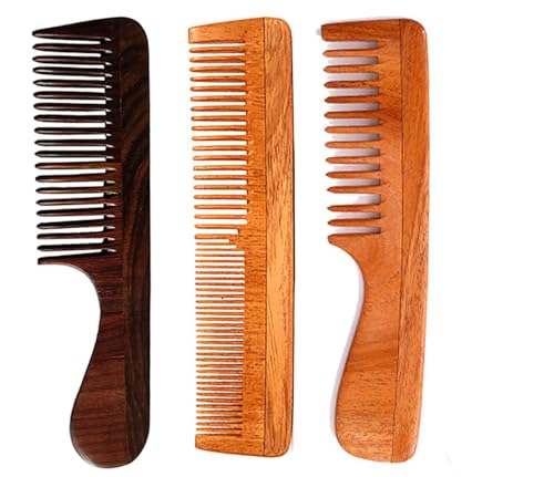 Rufiys Rosenholzkamm für Damen und Herren, Kamm mit Holzgriff zum Entwirren der Kopfhautmassage und zum Stylen (Combo-3) von Rufiys