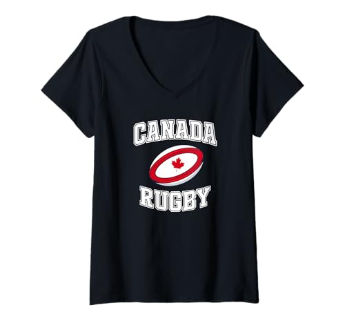 Damen Kanada Rugby - Varsity Style Canadian Rugby Fan T-Shirt mit V-Ausschnitt von Rugby Canada - Canadian Rugby Fans