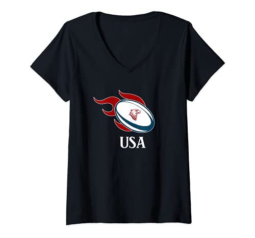 Damen Rugby USA - Amerika Rugby Ball On Fire T-Shirt mit V-Ausschnitt Damen Rugby USA - Amerika Rugby Ball On Fire T-Shirt mit V-Ausschnitt von Rugby USA Design Co.