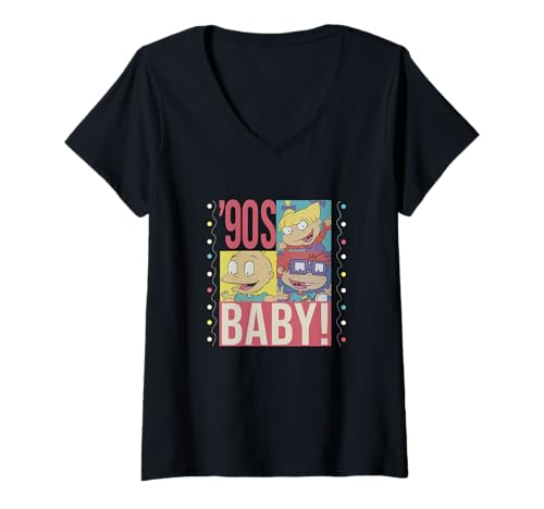 Damen Rugrats '90s Baby Color Block Character Collage T-Shirt mit V-Ausschnitt von Rugrats