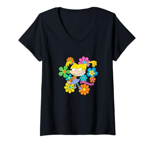 Damen Rugrats Angelica With Retro Flowers And Name Design T-Shirt mit V-Ausschnitt Damen Rugrats Angelica With Retro Flowers And Name Design T-Shirt mit V-Ausschnitt von Rugrats