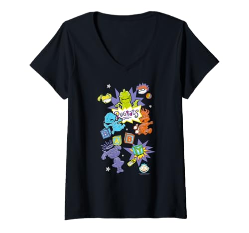 Damen Rugrats Character Sticker Collage Retro Cartoon T-Shirt mit V-Ausschnitt von Rugrats