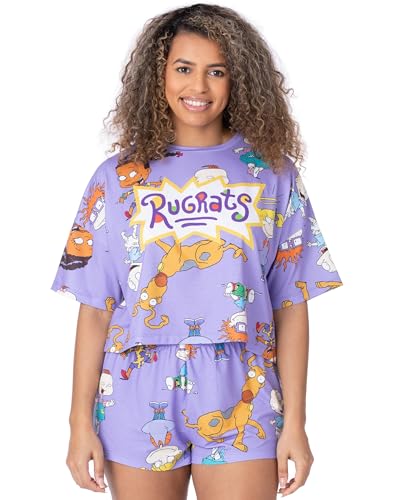 Rugrats Damen Pyjamas | Erwachsene Damen Cropped T-Shirt mit kurzen Hosen Pjs | Lila Tommy Chuckie Angelica Charakter-Logo | 90er Jahre Cartoon Merchandise von Rugrats