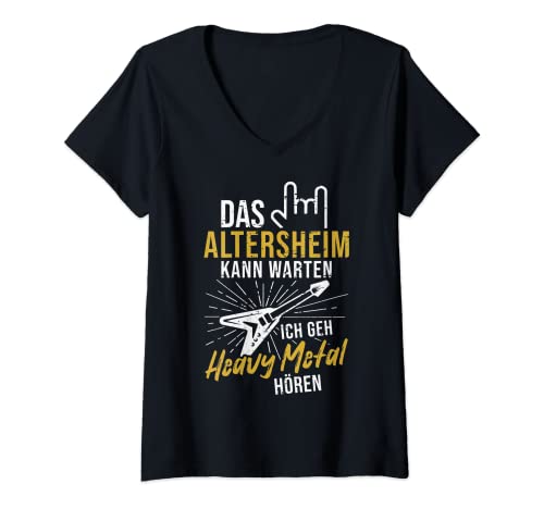 Damen Das Altersheim kann warten Heavy Metal Rockmusik Rentner T-Shirt mit V-Ausschnitt von Ruhestand Geschenke für Rockfans Rocker Opa