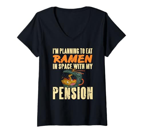 Damen Lustiger Renten Spruch Ramen im All T-Shirt mit V-Ausschnitt Damen Lustiger Renten Spruch Ramen im All T-Shirt mit V-Ausschnitt von Ruhestand Weltraum Humor mit Nudeln