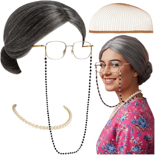 Kostüm „Oma/Granny“ Set 5-teilig – graue Perücke mit Dutt + Haarnetz, Retro-Brille mit Kette & Perlenkette – lustiges Verkleidungset für Erwachsene – Halloween, Karneval, Fasching, Mottoparty von Ruhhy