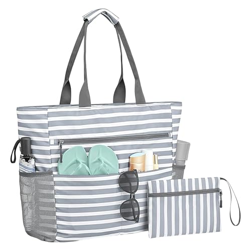 Ruhnjyg Strandtasche für Damen mit Münzgeldbörse – faltbare Tragetasche für den Außenbereich mit Reißverschluss für Pendeln, tägliche Arbeit, Camping, Reisen, Urlaub, Wandern, Picknick, Graue Streifen Ruhnjyg Strandtasche für Damen mit Münzgeldbörse – faltbare Tragetasche für den Außenbereich mit Reißverschluss für Pendeln, tägliche Arbeit, Camping, Reisen, Urlaub, Wandern, Picknick, Graue Streifen von Ruhnjyg