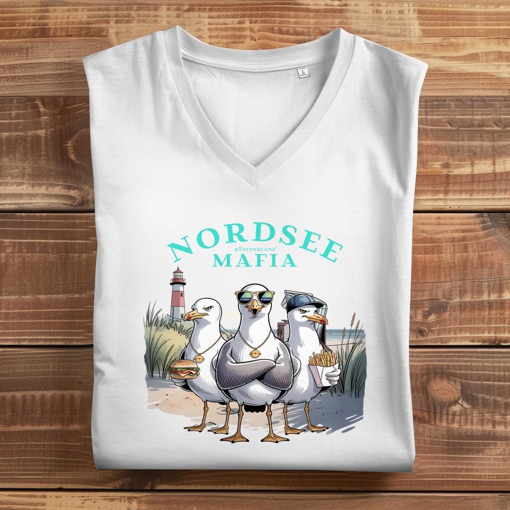 Nordsee Mafia Damen Premium Bio V-Neck T-Shirt - Comic Möwen, Küstenhumor & Leuchtturm | Nachhaltig, Geschenk Für Fans von RuhrpottRebellion