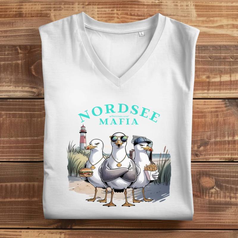 Nordsee Mafia Damen Premium Bio V-Neck T-Shirt - Comic Möwen, Küstenhumor & Leuchtturm | Nachhaltig, Geschenk Für Fans von RuhrpottRebellion