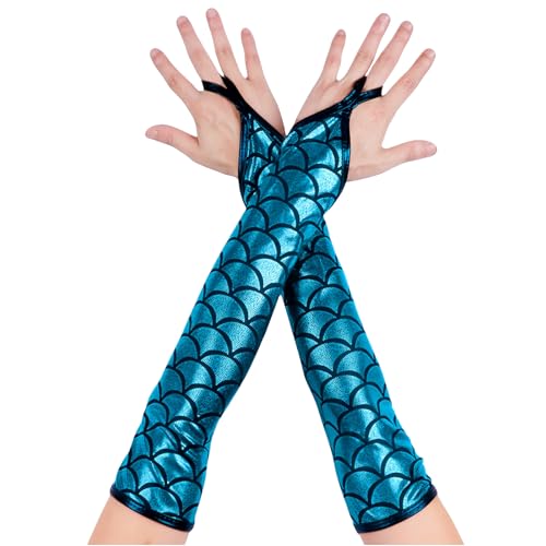 RuiChy Damen Fingerlose Metallic Handschuhe Fischschuppen glänzend ellenbogenlang Kostümhandschuhe für Abendpartys Maskenbälle Raves Bühnenauftritte Cosplay Tanzbekleidung Tanzkleidung, Blau von RuiChy
