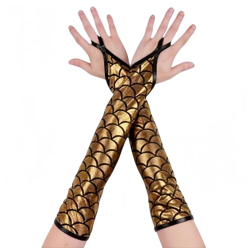 RuiChy Damen Fingerlose Metallic Handschuhe Fischschuppen glänzend ellenbogenlang Kostümhandschuhe für Abendpartys Maskenbälle Raves Bühnenauftritte Cosplay Tanzbekleidung Tanzkleidung, Gold von RuiChy