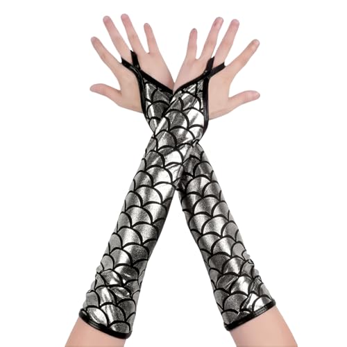RuiChy Damen Fingerlose Metallic Handschuhe Fischschuppen glänzend ellenbogenlang Kostümhandschuhe für Abendpartys Maskenbälle Raves Bühnenauftritte Cosplay Tanzbekleidung Tanzkleidung, Silber von RuiChy