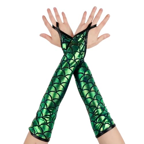 RuiChy Damen Fingerlose Metallic Handschuhe Fischschuppen glänzend ellenbogenlang Kostümhandschuhe für Abendpartys Maskenbälle Raves Bühnenauftritte Cosplay Tanzbekleidung clubs Tanzkleidung, Grün von RuiChy