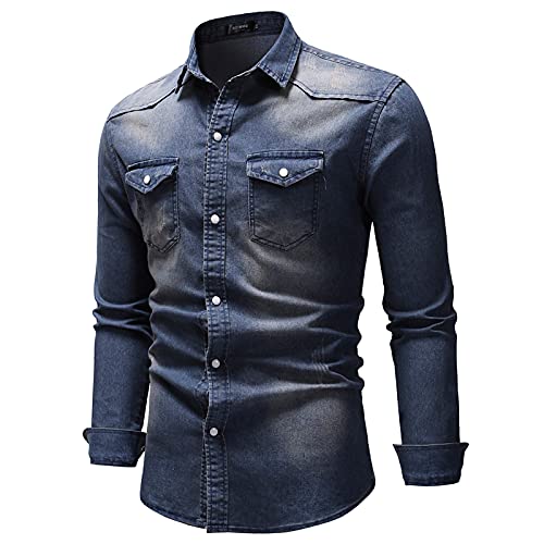 Herren Jeanshemd Slim fit Denim Hemd Freizeithemd mit Revers Denim Langarm Shirt Regular fit Vintage Denim Hemd Cowboy-Style Langarmhemd Western Denim Hemden (Dunkelblau, L) von RuiGuio