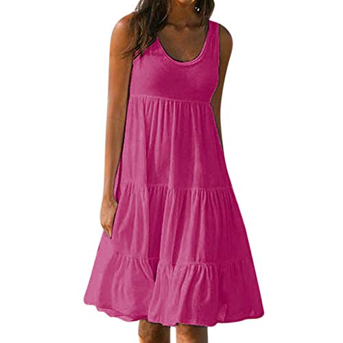 Kleid Damen Sommerkleider Ärmelloses Plissiertes Minikleid Knielang Strand Hängerkleid Trägerkleid Casual Lose Shirtkleid Tunikakleid Swing Mini Kleider (Hot Pink, L) von RuiGuio